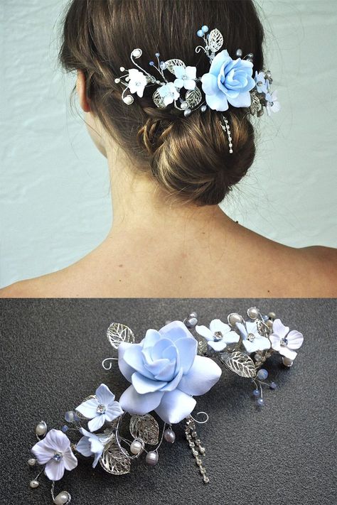 Diy Hair Pieces, Baby Blue Hair, Floral Hairpiece, Floral Hair Piece, Bride Hair Piece, Blue Hair Accessories, Flowers And Pearls, Half Up Wedding Hair, Light Blue Hair