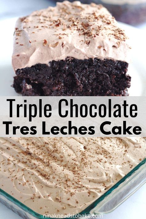 Triple Chocolate Tres Leches Cake Chocolate Tres Leches, Chocolate Tres Leches Cake, Leche Cake, Tres Leches Cake Recipe, Butter Pecan Cake, Chocolate Sponge Cake, Mexican Dessert Recipes, Doughnut Cake, Pecan Cake