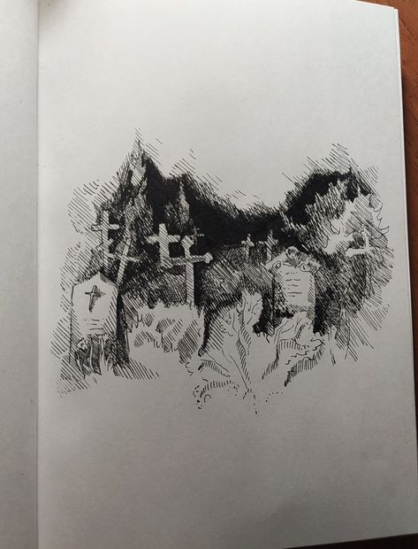 Standing Over Grave Drawing, Sketch Decoration Ideas, Small Cemetery Tattoo, Graveyard Drawing Reference, Scary Landscape Drawing, Cemetery Ink Drawing, Horror Ink Drawing, Cemetery Sketch Drawings, Drawing Gothic Art