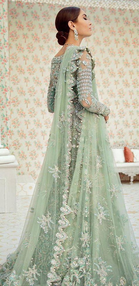 Gown Pakistani, Designer Bridal Dress, Nameera By Farooq, Net Gown, Jacket Lehenga, Pakistani Bridal Dress, Net Gowns, Walima Dress, Wedding Mint Green