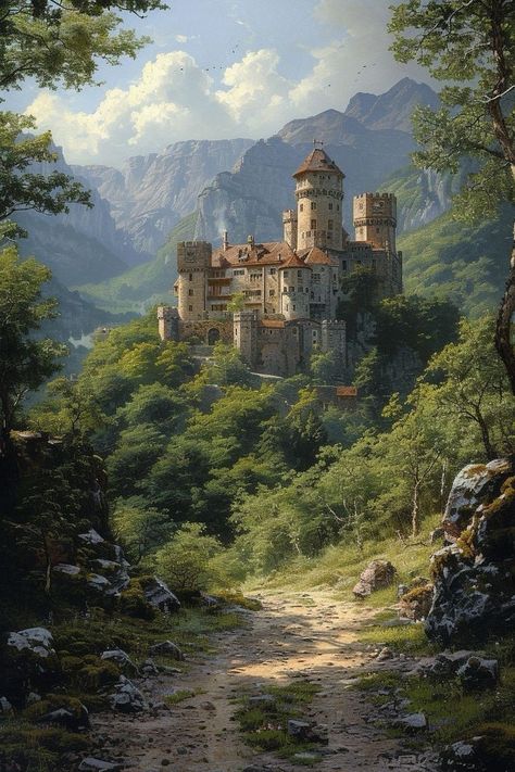 Medieval Landscape, Castle Artwork, Forest Castle, Castle Painting, Odaiba, Landscape Art Painting, Fantasy House, Fantasy City, Fantasy Castle