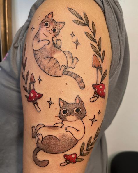 🍄 🐱 Tattoo of her two cats + a few mushrooms to fit her arm that is full of mushrooms tattoos ❤️ Obrigada pati ❤️🍄 Agenda open to Lisbon and Barcelona ✨ #tattoos #cattattoo #cutetattoo #catillustration #tattoobarcelona #tattooeurope #tattooartist #cat Mushrooms Tattoos, Seattle Tattoo, Cats Tattoo, Mushroom Tattoos, Two Cats, Animal Tattoos, Cat Illustration, Cat Tattoo, Pyrography