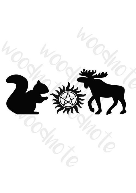 Supernatural Crafts, Squirrel Silhouette, Moose Tattoo, Supernatural Vampire, Squirrel Tattoo, Supernatural Drawings, Bestie Tattoos, Moose Hunting, Supernatural Tattoo