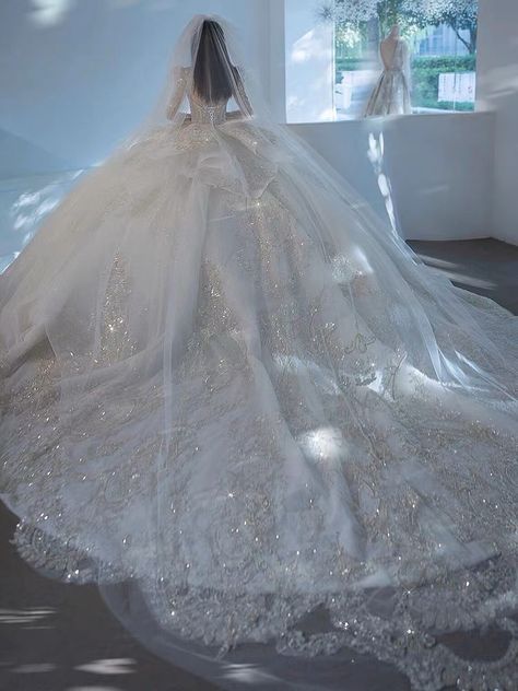 Big Bride Dress, Extravagant Wedding Dresses Mermaid, Really Big Wedding Dress, Wedding Dresses With Puffy Long Sleeves, Big Princess Wedding Dress, Royal Cathedral Veil, Lavish Wedding Dress, Majestic Wedding Dresses, Giant Wedding Dress