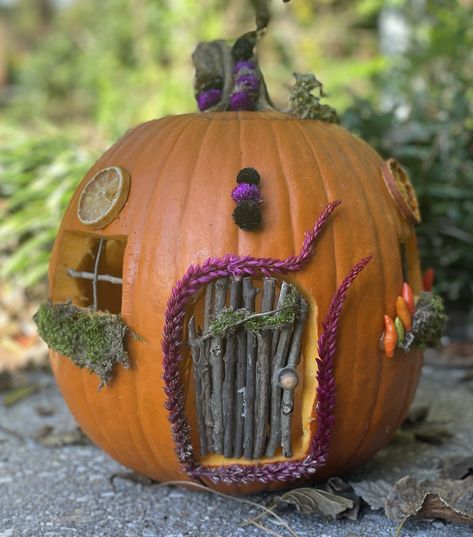 My five-year-old daughter and I had the best day creating these sweet fairy homes! We decided it would be a tradition for years to come. Pumpkin Fairy House Carving, Fairy House Pumpkin Carving, Fairy Pumpkin Decorating, Fairy House Pumpkin, Fairy Garden Pumpkin, Fairy Pumpkin, Pumpkin Elf, Pumpkin Fairy House, Pumpkin Fairy