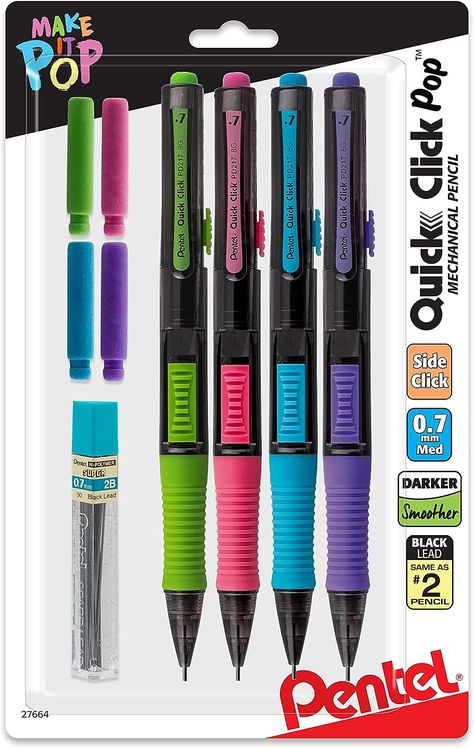 Pentel Quick Click Pop Mechanical Pencil, (0.7mm) Medium 2B Lead, with 2B Lead and (2) Eraser Refills 4 pack Writing & Drawing Instruments, Led Pencils, Color Accents, Mechanical Pencil, Back To School Supplies, Pencil Holder, Mechanical Pencils, Erasers, Moleskine