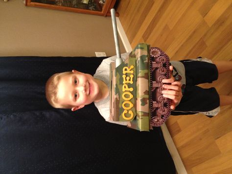 Army Tank Valentines Box...made out of shoe box on bottom, Kleenex box on top & cut out to look like tank, then covered in camo scrapbook paper. Used PVC pipe for gun & foam letters for name. Kids Valentine Boxes, Valentines Box, Army Tank, Pvc Projects, Foam Letters, Kleenex Box, Valentines For Boys, Valentine Box, Valentines Party