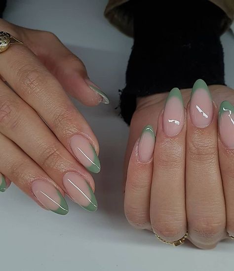 Nuetral Pallete Acrylic Nails, Colour Tip Acrylic Nails, Builder Gel Nails Design Simple, Green Tip Nails, Sage Green Nails, Acrylic Nails Almond Shape, Posh Nails, Unghie Sfumate, Kutek Disney