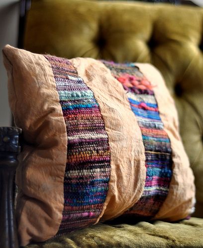 high noon hand-woven ikat pillow | by LaiGrai I love the use of a skinny strip of weaving in a larger piece. Large Weaving, Diy Pouf, Sunset Pillow, Saori Weaving, Weaving Wall Hanging, Rigid Heddle Weaving, Woven Pillow, Weaving Tools, Weaving Tutorial