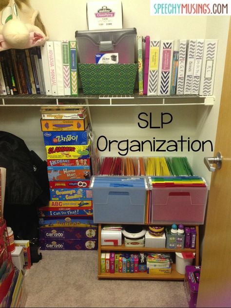 Organization For Small Spaces, Speech Therapy Organization, Bags Organization, Slp Organization, Slp Materials, Play Therapy Techniques, Shared Office Space, Slp Resources, School Slp