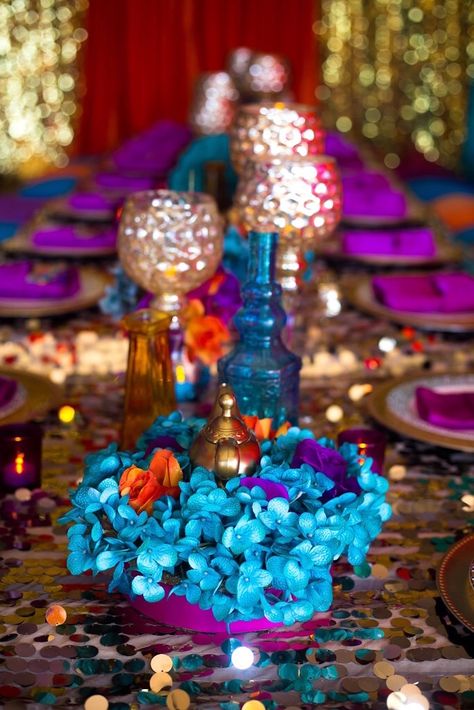 Table centerpiece from an Arabian Nights Birthday Party on Kara's Party Ideas | KarasPartyIdeas.com (16) Arabic Night Party Ideas, Arabic Night, Arabian Nights Theme Party, Aladdin Theme, Aladdin Wedding, Night Party Ideas, Dubai Party, Arabian Party, Arabian Theme