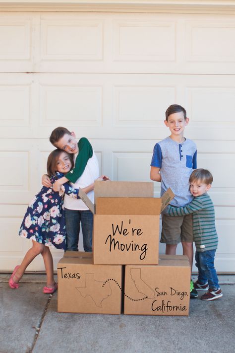 Cute military moving announcement photo! Moving Into A New House Pictures, Pcs Photo Announcement, Move Announcement Ideas, Were Moving Announcement Photo, Pcs Moving Announcement Ideas, Pcs Announcement Ideas, Pcs Move Announcement, Moving To Texas Announcement, Moving Boxes Photoshoot