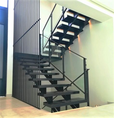 Double Stringer Staircase, Stringer Staircase, Granite Stairs, Types Of Steel, Open Staircase, Metal Stairs, Glass Balustrade, Granite Tops, Staircase Railings