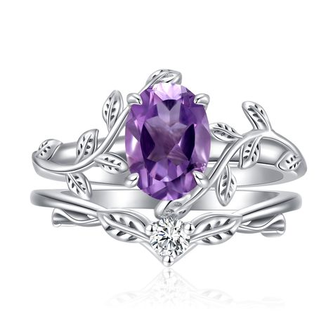 PRICES MAY VARY. 1. Design Source：This gemstone leaf engagement ring set combines delicate vine design elements with an oval-cut gemstone, conveying hope and aspiration for life, love, and the future. Whether used as an engagement ring, wedding ring, or an accent for other special occasions, this ring set brings endless happiness and elegance to women 2. Gemstone Selection：Main Stone - 8x6mm oval cut natural amethyst; Side Stone: AAA grade cubic zirconia. Our gemstones are carefully cut and poli Rings Engagement Purple, Amethyst Rings Engagement, Fantasy Wedding Rings Silver, Wedding Rings Amethyst, Moss Agate Engagement Ring Silver, Purple Wedding Ring, Purple Engagement Ring, Purple Wedding Rings, Fantasy Wedding Rings