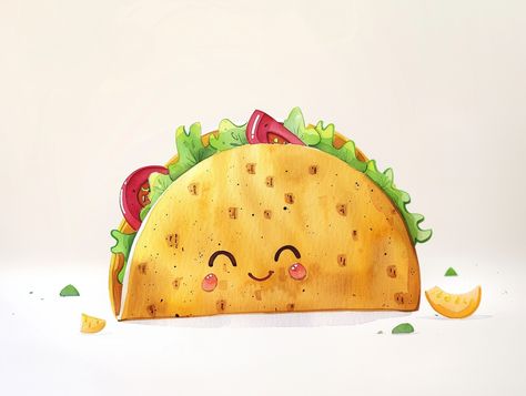 #ToyTaco #Watercolor #Cute #Smiling #WhiteBackground #Charming #Simple Taco Watercolor Illustration, Taco Painting, Taco Drawing, Clean White Background, Inspirational Digital Art, Photography Movies, Toy Making, Construction Toy, Photography Games