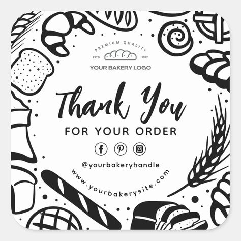 Black White Bakery Baked Goods Breads Thank You Bakery Sticker Design, Black And White Bakery, Bakery Labels, Cookies Shop, Business Plan Outline, Black And White Cookies, Gf Flour, Baking Packaging, Candy Labels