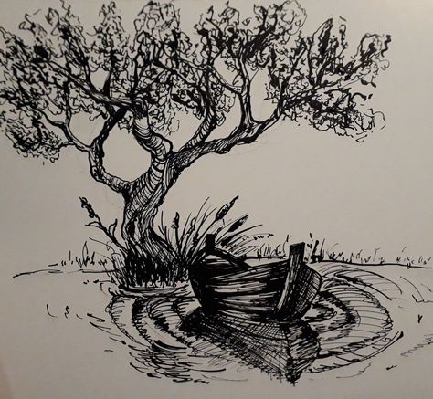 Artist : Sahra Nour Instagram : @cerispink Pen Art Work Landscape, Black And White Landscape Drawing, Landscape Pencil Sketch, Landscape Pencil Drawings, Canvas Painting Ideas For Beginners, Pen Art Work, Ink Pen Art, Nature Art Drawings, Painting Ideas For Beginners