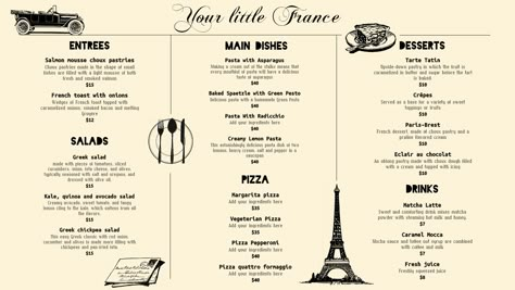 Vintage tri-fold French menu template design. French Food Menu Design, French Bistro Menu Design, French Menu Design, Fruit Pastry Recipes, Vintage Menu Design, French Restaurant Menu, French Cafe Menu, Christmas Menu Design, Template Undangan