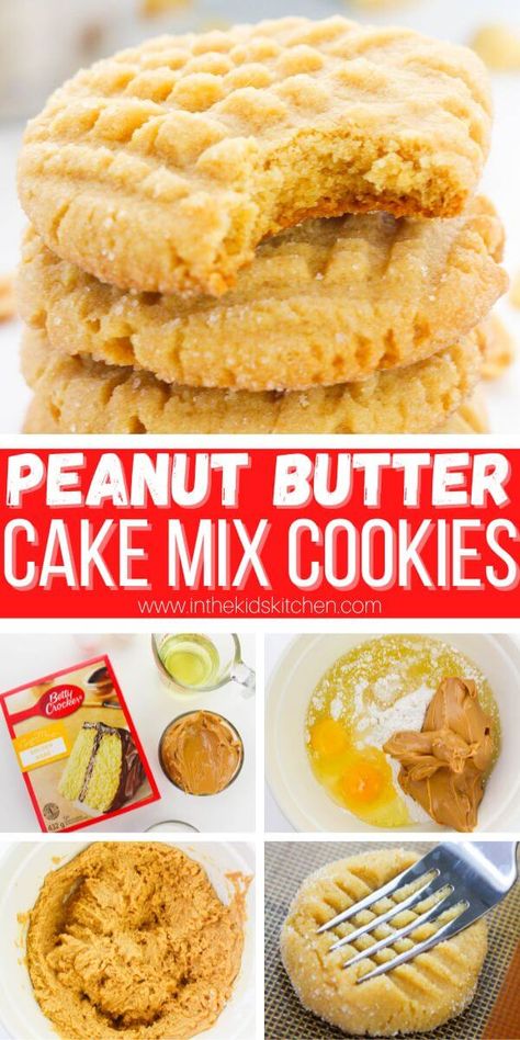 peanut butter cake mix cookies Pinterest collage image. Cake Mix Peanut Butter Cookies, Peanut Butter Cake Mix Cookies, Funfetti Cake Mix Recipes, Homemade Peanut Butter Cookies, Healthy Peanut Butter Cookies, Sugar Cookie Cakes, Easy Peanut Butter Cookies, Cake Mix Cookie Recipes, Cookie Recipes Homemade