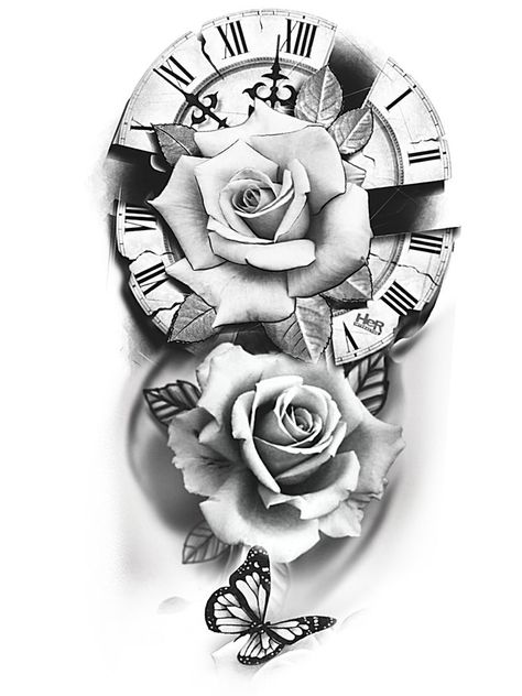 Clock Tattoo Sleeve, Clock And Rose Tattoo, Star Tattoos For Men, Butterfly Tattoos Images, Unique Half Sleeve Tattoos, Chicano Tattoos Sleeve, Arm Sleeve Tattoos For Women, Rose Drawing Tattoo, Ear Tattoo Ideas