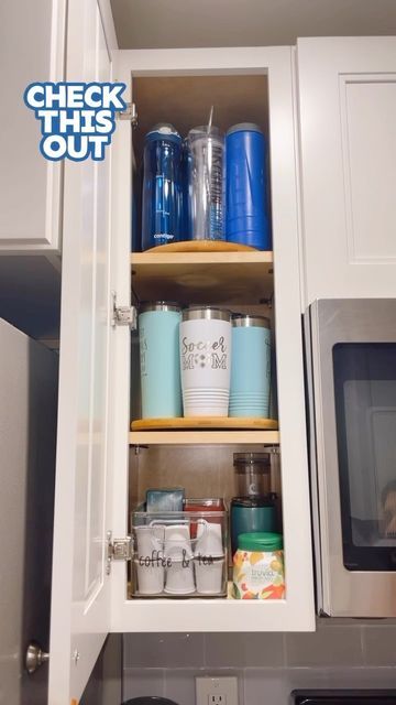 Organizing Tumbler Cups, Cabinet Cup Organization, Tumbler Lid Organization, Tumbler Cup Storage Ideas, Cup Cabinet Organization, What To Store In Lazy Susan Cabinet, Lazy Susan Cabinet Organization, Vitamin Storage, Lazy Susan Cabinet