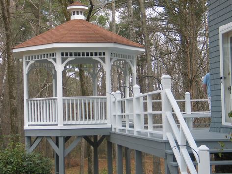 Balcony Styling, Gray Deck, Gazebo Porch, Deck Gazebo, Victoria Terrace, Waterfront House, White Gazebo, Second Story Deck, Gazebo On Deck