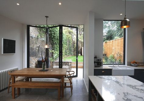 Bifold Doors Onto Patio, Bifold Patio Doors, Glass Extension, House Extension Design, Rear Extension, Kitchen Extension, Aluminium Doors, Kitchen Doors, Casement Windows