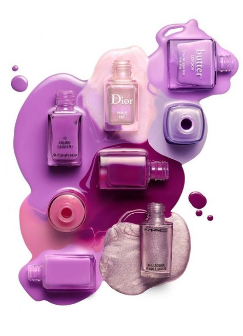 Nail lacquer colors. Still life editorial. Pink, purple, blush, gold. Purple Nail Polish, Cosmetics Photography, Beauty Products Photography, Still Life Photographers, Purple Design, Nail Varnish, Nail Polishes, Purple Hues, Commercial Photography