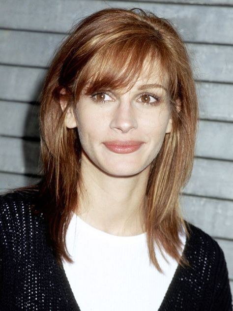 90s Side Bangs, Fringe Before And After, Julia Roberts 90s, Side Part Fringe, Long Hair Side Part, Side Swept Fringe, Swept Fringe, Lyle Lovett, Side Fringe