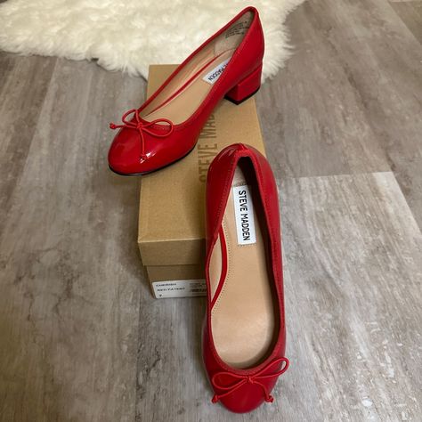 Brand New Never Worn Box Included Red Patent Ballet Flat Low Block Heel, Round Toe, Slip On 1.25 Inch Heel Cord Bow Detail On Front Size 7 Low Block Heels, Ballet Flat, Bow Detail, Steve Madden Shoes, Ballet Flats, Loafer Flats, Steve Madden, Block Heels, Loafers