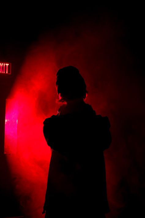 Red And Black Photoshoot, Valkyrie Norse, Red Lighting, Running In The Dark, Red And Black Outfits, Red Lightning, Fog Machine, Red Lights, Red Led Lights