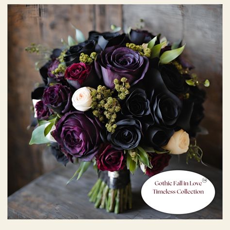 Timeless Gothic Fall in Love Bouquet Description: Embrace the elegance of the season with our Timeless Gothic Fall in Love Bouquet. This exquisite silk bouquet captures the essence of gothic romance, blending deep, moody hues with luxurious textures for a statement piece that will last forever. Perfect for those who appreciate the darker side of beauty, this arrangement is a stunning addition to your home decor or a unique gift for someone special. Features: Rich, Dark Blooms: Featuring a captivating blend of deep burgundy roses, dark purple peonies, and black dahlias, this bouquet exudes gothic charm. Intricate Accents: Delicate silk ivy, gilded leaves, and trailing amaranthus add depth and texture, creating a dramatic cascading effect. Long-Lasting Beauty: Made from high-quality silk, ea Black Dahlia Bouquet, Gothic Bridal Bouquet, Unique Wedding Bouquets Creative, Dark Purple Wedding Bouquets, Dark Flower Arrangements, Spooky Flower Arrangements, Gothic Flower Arrangements, Dark Floral Arrangements, Gothic Bra