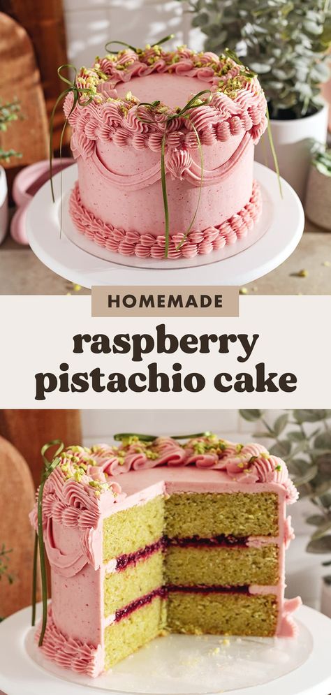 This raspberry pistachio cake is made with soft pistachio cake layers sandwiching homemade raspberry jam and all covered with raspberry buttercream. It's a delicious flavour combination with all natural colouring! #raspberrycake #pistachiocake #layercake | teakandthyme.com Pistachio Cake With Raspberry Filling, Raspberry Rose Cake, Raspberry Chantilly Cake, Pink Raspberry Cake, Pink Cake Flavors, Cake Flavor Combinations Ideas, Cake Recipes Fancy, Cake Recipes Decorating, Cake Combination Flavors