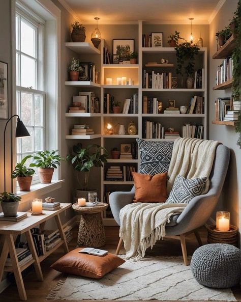 Room Nook Ideas Bedrooms, Reading Room With Desk, Boho Homeschool Room Ideas, Book Nook In Living Room, Apartment Reading Nook Cozy Corner, Cat Areas In House, Reading Nook Shelves, Corner Desk Nook, Home Nook Ideas