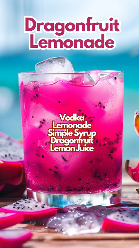 Dragonfruit Lemonade Dragonfruit Cocktail, Dragonfruit Lemonade, Lemonade Simple Syrup, Dragon Fruit Lemonade, Vodka Cocktails Easy, Summer Vodka Cocktails, Beach Cocktails, Vodka Lemonade, Lemonade Cocktail