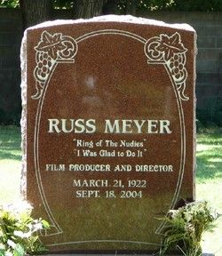 Russ Albion Meyer Funny Gravestones, Tombstone Epitaphs, Russ Meyer, Lipstick Mark, Famous Graves, Grave Markers, Valley Of The Dolls, Movie Camera, Retro Girls