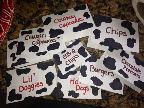 DIY cow print food labels. Colored sharpies and computer paper. - Cowboy & Cowgirl party Cow Print Party Snacks, Cow Print Party Food Ideas, Food For Cow Themed Party, Cow Graduation Party Ideas, Cow Print Food Ideas, Cow Party Food, Moo Moo I’m Two Food Ideas, Cow Graduation Party, Cow Party Food Ideas