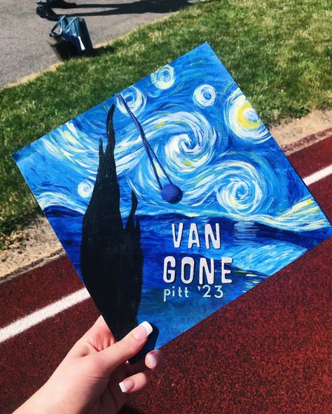 Jrotc Graduation Cap, Starry Night Graduation Cap, Van Gogh Graduation Cap, Alt Graduation Cap, Grad Cap Painting, Blue Graduation Cap Designs, Senior Box Ideas Painted, Graduation Cap Painted, Graduation Cap Painting