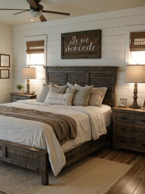 Create a rustic farmhouse vibe in your bedroom with an accent wall using shiplap or reclaimed wood. Complete the look with a distressed wooden dresser and a vintage-inspired metal bed frame for a touch of farmhouse charm. Ranch Style Bedroom, Cozy Farmhouse Bedroom Ideas, Small Farmhouse Bedroom, Cozy Farmhouse Bedroom, Rustic Farmhouse Bedroom, Rustic Bedroom Ideas, Farmhouse Bedrooms, Farmhouse Bedroom Ideas, Beautiful Bedroom Decor