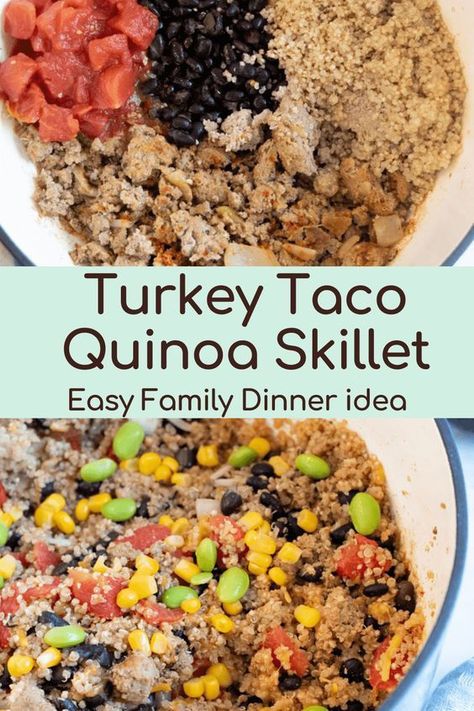 This turkey taco quinoa skillet is an easy, gluten-free, delicious weeknight meal that comes together quickly. Made with cheese, quinoa, ground turkey, black beans, veggies, these ground turkey quinoa bowls will be a new favorite! Quinoa Ground Turkey, Taco Quinoa, Quinoa Skillet, Quinoa Meatballs, Turkey Quinoa, Quinoa Casserole, Ground Turkey Tacos, Quinoa Bowls, Quinoa Sweet Potato