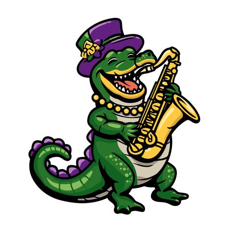 a crocodile playing a saxophone on a black background Mardi Gras Alligator, Alligator Character, Mardi Gras Art, Louisiana Mardi Gras, Kingdom Art, Jazz Saxophone, Funny Expressions, Adventure Art, Funny Holiday