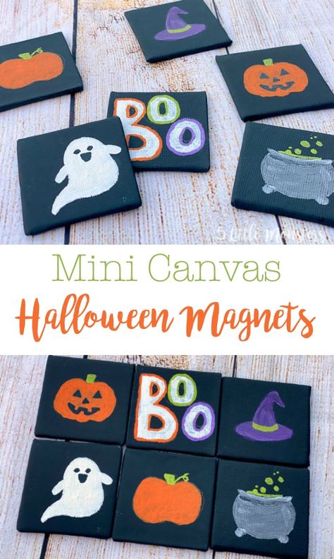 Turn little mini canvases into cute little halloween magnets with a little bit of paint. Tiny Halloween Paintings, Halloween Magnets, Library Crafts, Mini Canvases, Annual Halloween Party, Holiday Canvas, Kids Fall Crafts, Elderly Activities, Mini Magnets