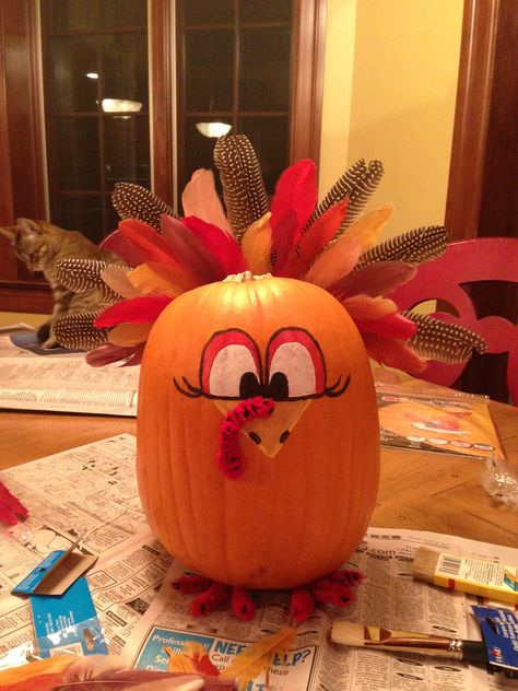 Turkey Pumpkin I made!! :) Thanksgiving Pumpkin Decorating, Thanksgiving Pumpkin Carving, Dinner Invitation Card, Pumpkin Turkey, Thanksgiving Preschool, Thanksgiving Inspiration, Happy Turkey Day, Paper Greeting, Happy Pumpkin