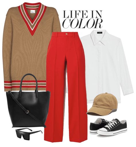 red pants outfit Outfit | ShopLook Red Pants Outfit, Preppy Fall, Vegan Leather Tote, Preppy Look, Red Pants, Outfit Maker, Outfit Shoplook, Oversized Sunglasses, Red Silk