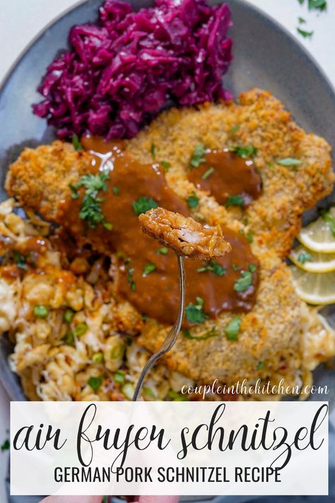 Make a German classic with this air fryer schnitzel recipe! Schnitzel Recipe Pork, Air Fryer Schnitzel, Air Fryer Pork Tenderloin, Pork Schnitzel Recipe, Pork Scallopini, Schnitzel Recipe, Ninja Cooking System Recipes, German Food Authentic, Schnitzel Recipes