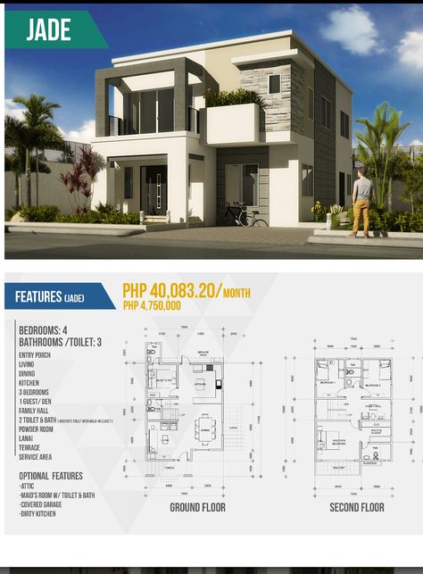 Our featured pre designed Smart Home for today is Jade! Visit us at www.makbuildersph.com for more info! Modern House Philippines, House Design Floor Plans, Philippine House, 2 Story House Design, Design Floor Plans, Small House Design Philippines, Philippines House Design, Philippine Houses, Double Storey House