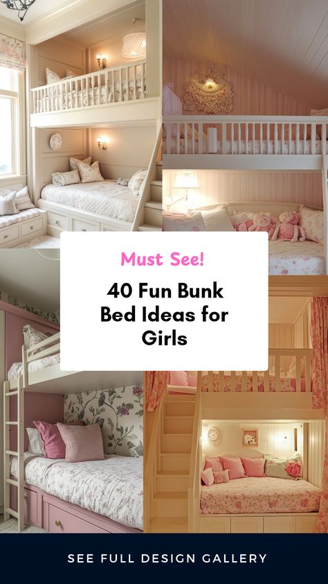 Transform your girl's room with these 40 creative bunk bed ideas that delight design enthusiasts. Explore stylish themes ranging from adventurous spaceships to enchanting fairy tales. Each idea delicately balances comfort and aesthetics, making a cozy yet fun sleeping space. From vibrant colors and playful accessories to efficient storage solutions, there’s something for every taste. Uncover sliding beds, built-in reading nooks, and more. If you're looking to spark imagination and ensure practical use of space, these ideas are sure to be a hit! Cool Bunk Beds For Girls Room, Metal Bunk Bed Makeover Diy, Girls Bunk Beds Room Ideas, Bunk Bed Lighting Ideas, Top Bunk Bed Ideas, Built In Loft Bed, Girl Bunk Bed Rooms, Bunk Bed Lighting, Bunk Beds Room Ideas