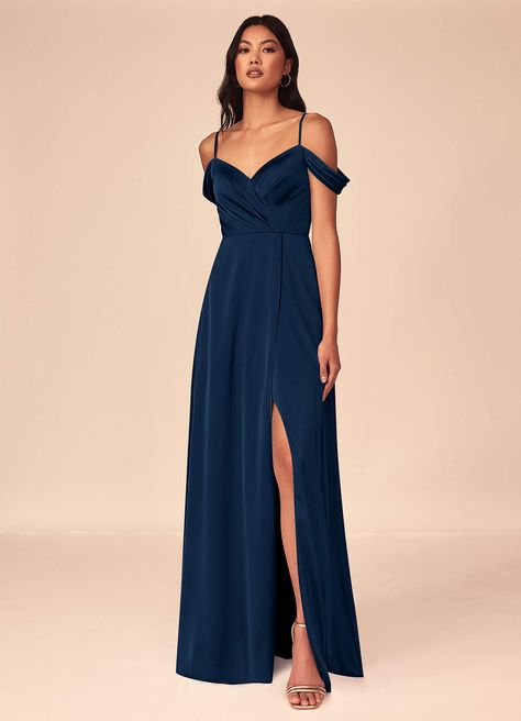 Dark Navy Azazie Ocean Stretch Satin Dress Bridesmaid Dresses | Azazie Satin Dress Bridesmaid, Dark Green And Navy, Navy Satin Dress, Navy Bridesmaid Dress, Emerald Bridesmaid Dresses, Stretch Satin Dress, Bridesmaid Dresses Strapless, Navy Bridesmaid Dresses, Azazie Bridesmaid Dresses