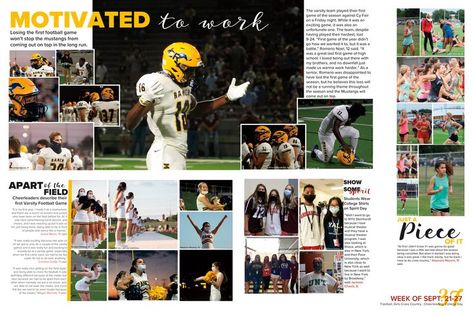 Yearbook Sports Spreads, Student Life Yearbook, Newspaper Design Inspiration, Yearbook Design Layout, Yearbook Ad, Yearbook Template, Yearbook Class, Yearbook Staff, Cypress Texas