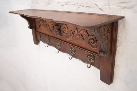 19th century oak coat rack in Renaissance style Wood with beautiful sculpted  and a beautiful patina cast brass hooks The coat rack is in good condition Dimensions Width 95 cm Depth 23 cm Height 39 cm Aesthetic Coat Rack, Academia House, Earthy Home, Cottage Aesthetic, Brass Hooks, Wooden Coat Rack, Entertainment Design, Antique Interior, Coat Rack Wall